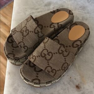 Look alike knock off gucci Brown Monogram Slides